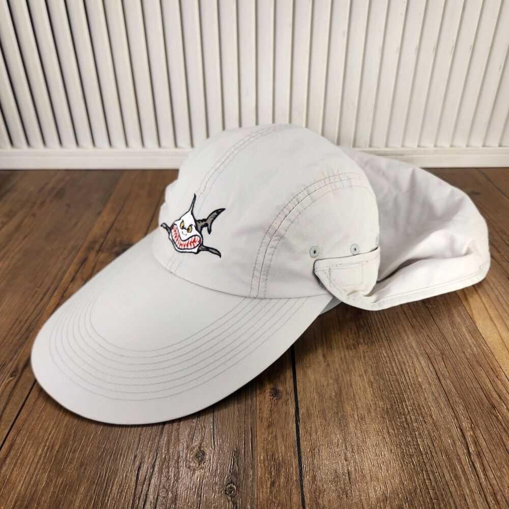 VTG Trident Dive Shark Fishing Hat Beige Removable Neck Flap Long Bill Strapback